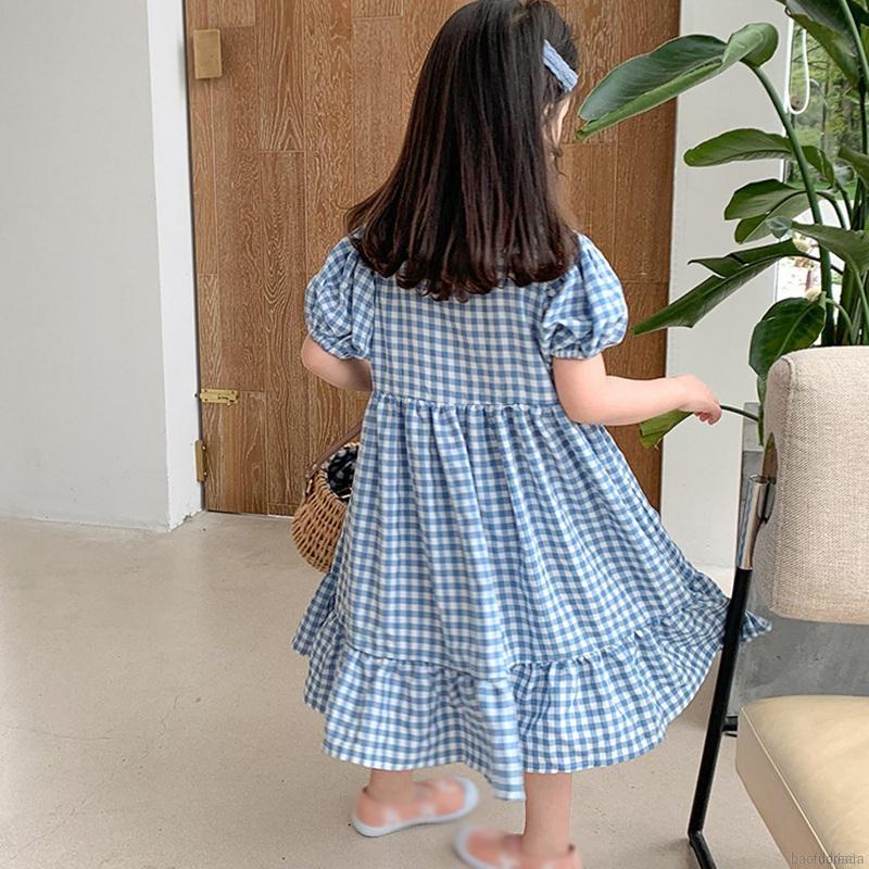 Đầm công chúa tay ngắn kẻ sọc caro xinh xắn cho bé gái