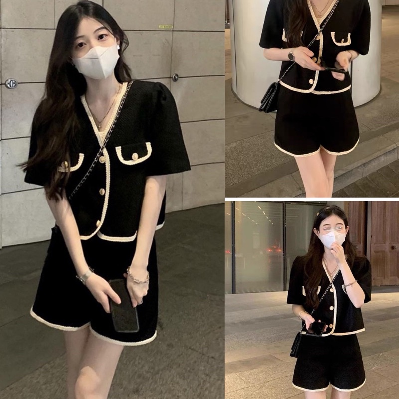 Set áo dạ mùa hè viền nút kèm quần short, Chất vải dày dặn đứng form, Hàng Quảng Châu Loại 1, Có size HÀNG SẴN