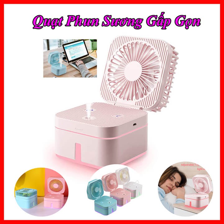 Quạt Phun Sương Tạo Độ Ẩm Không Khí Để Bàn Hình Khối Lập Phương Sạc USB Có Thể Gấp Gọn