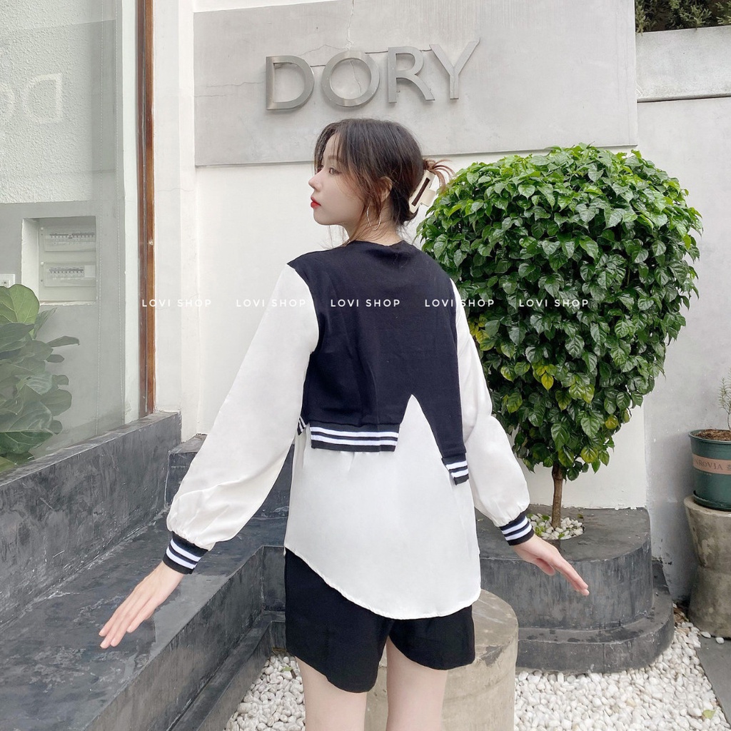 LOVISHOP- Áo babydoll trắng đen sọc bo tay Lovi