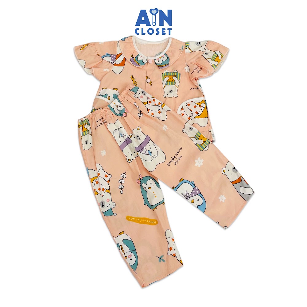 Bộ quần áo dài tay ngắn bé gái họa tiết Gấu Trắng nền cam cotton - AICDBGJR93BO - AIN Closet