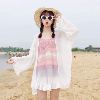 [ sẵn xanh]Set áo 2 dây đan len phối lưới áo khoác chiffon (kèm hình thật)