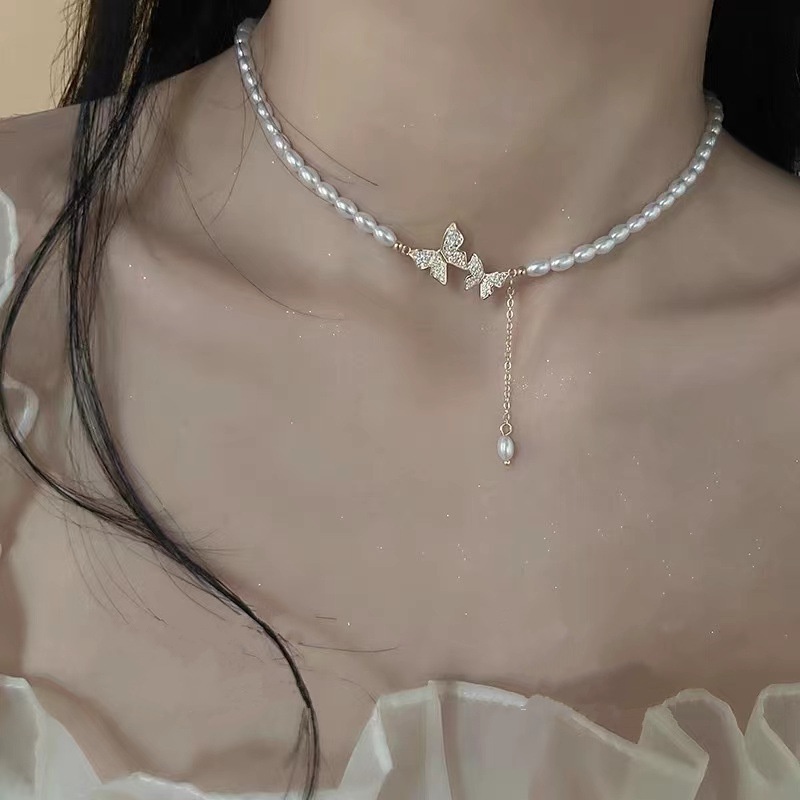 Vòng cổ Mặt Hình Bướm Đính Ngọc Trai Nhân Tạo Thời Trang Cho Nữ