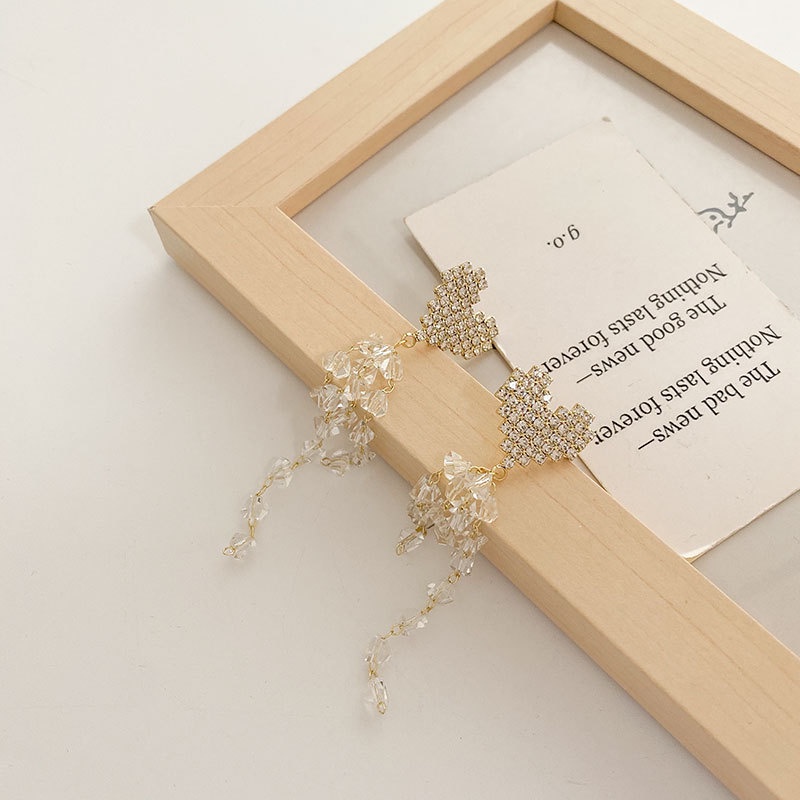 Toàn Bộ Bông Tai Mạ Bạc 925 Dáng Dài Hình Trái Tim Đính Đá Pha Lê Phong Cách Hàn Quốc