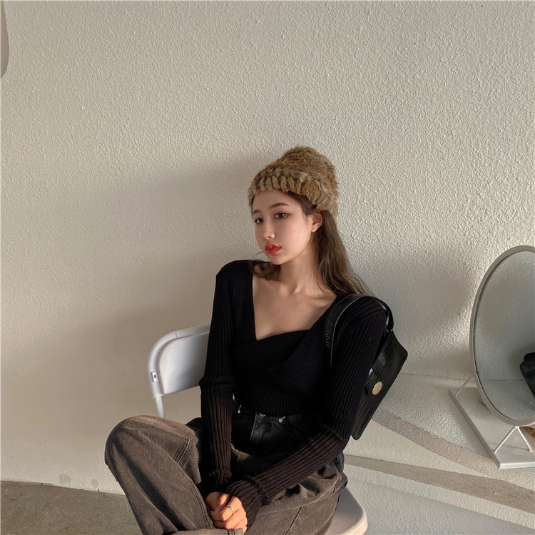 【ZHELIHANGFEI】Áo Sweater Dệt Kim Tay Dài Thiết Kế Cổ Chữ V Thanh Lịch