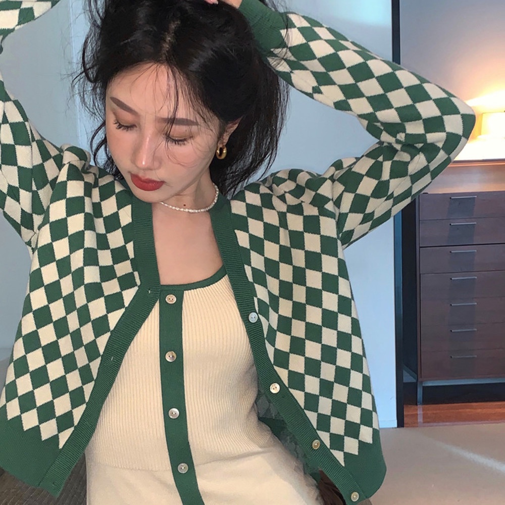 Áo Cardigan Dệt Kim Dài Tay 173297Áo Sơ Mi Caro Phong Cách Hàn Quốc Xinh Xắn Cho Nữ
