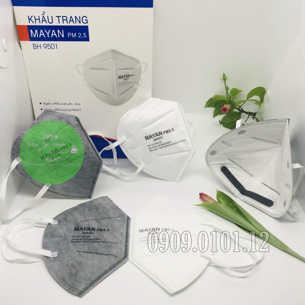 Khẩu trang n95 Mayan bh9501 chính hãng hộp 60 cái, kn95 mask đệm mũi cao cấp lớp lọc kháng khuẩn than hoạt tính