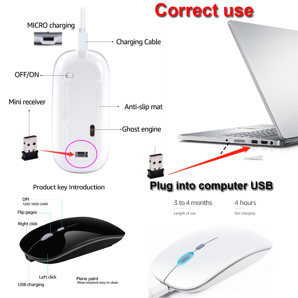 Chuột không dây COD Bộ thu 2.4Ghz Chuột quang điều chỉnh không dây Chuột có thể sạc lại cho máy tính xách tay PC