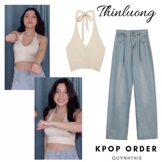 Áo croptop len màu kem cột dây