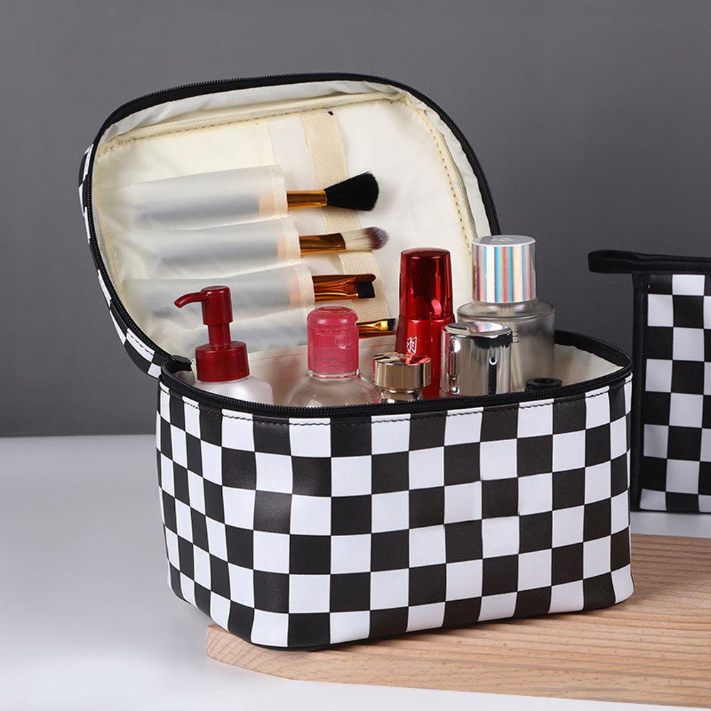 [Hàng mới về] Túi da PU in sọc caro có khóa kéo đựng đồ trang điểm đa năng đơn giản phong cách Hàn Quốc