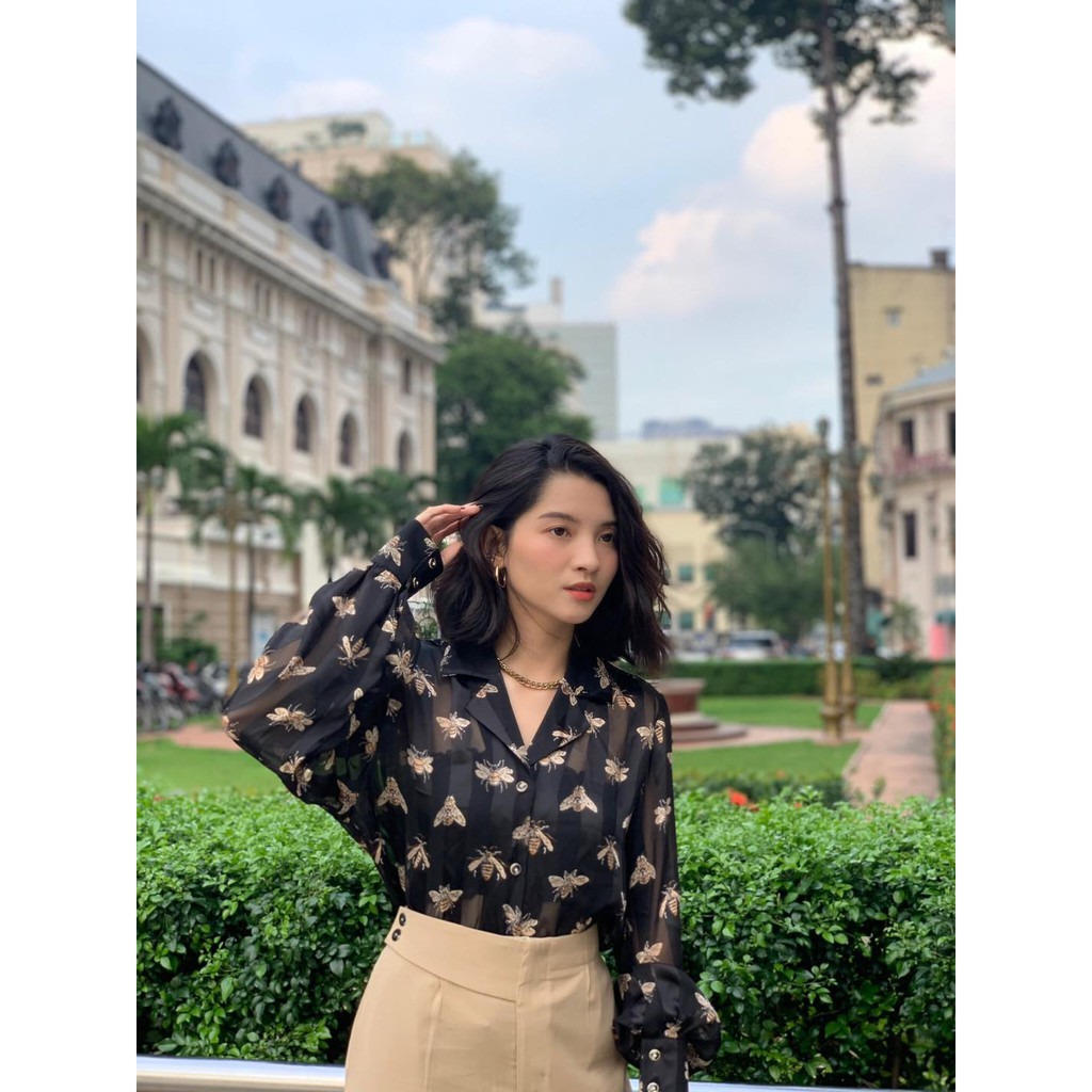 Sơ mi voan tay dài họa tiết con ong thời trang A082