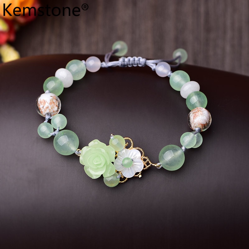 Kemstone Đèn Dây Dệt Phong Cách Enthic Hạt Hoa Màu Xanh Lá Cây Vòng Đeo Tay Trang Sức Quà Tặng Cho Nữ