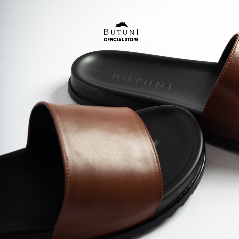 Dép quai ngang Butuni Single Slippers da bò full grain màu nâu đế cao su chống trượt bảo hành 12 tháng