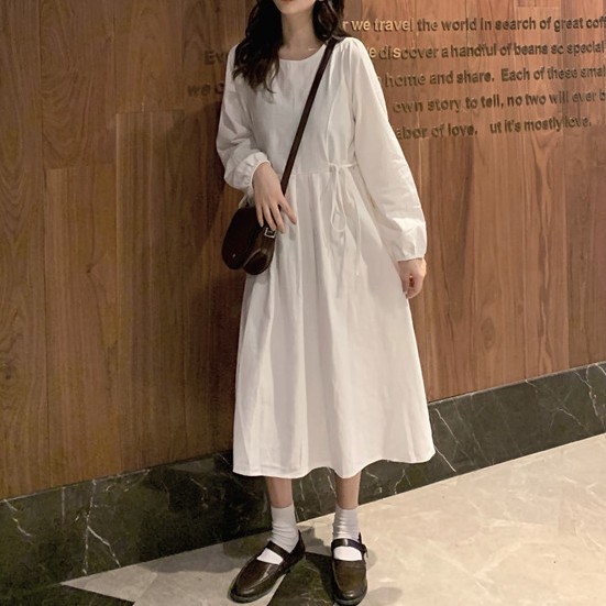 [Mã WASTMAY giảm 15% tối đa 30K đơn 150K] Đầm Trắng Dáng Xòe Cổ Tròn Thắt Nơ Eo Cực Xinh Freesize - V.042 | BigBuy360 - bigbuy360.vn