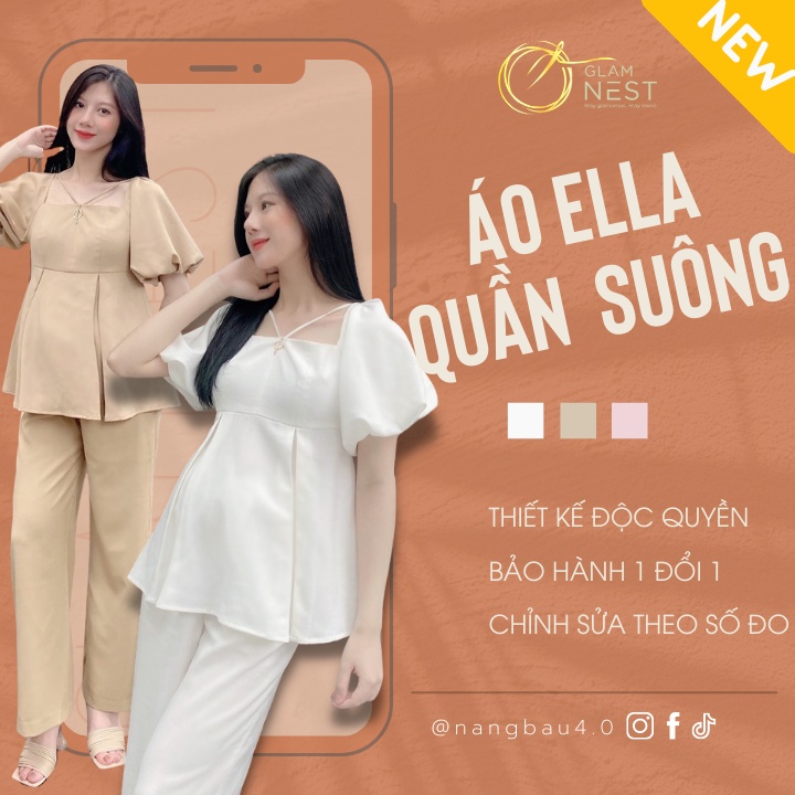 Áo Bầu Ella Quần Bầu Suông Thông Minh Chất Đũi Không Nhăn Glam Nest AS017