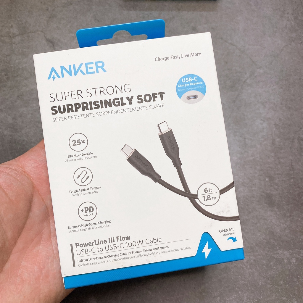 Cáp sạc nhanh Anker 100W Flow Type C to Type C 100W 5A - A8552/A8553 Dài 0.9/1.8 Mét cho Mac Air Pro M1 Laptop