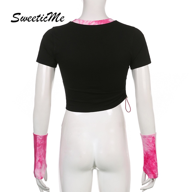 Áo Thun Crop Top Rút Dây Tay Cộc Nhuộm Màu Tương Phản In Hình Mèo Dễ Thương Cho Nữ