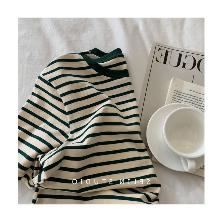 Áo Thun Cotton Ngắn Tay Họa Tiết Kẻ Sọc Thời Trang Mùa Hè Hàn Quốc Mới Cho Nữ