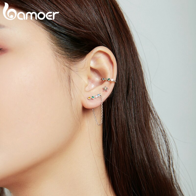 BAMOER 1 Bông Tai Bạc Dáng Dài Hình Mặt Trăng Và Ngôi Sao Thời Trang Cho Nữ SCE1064