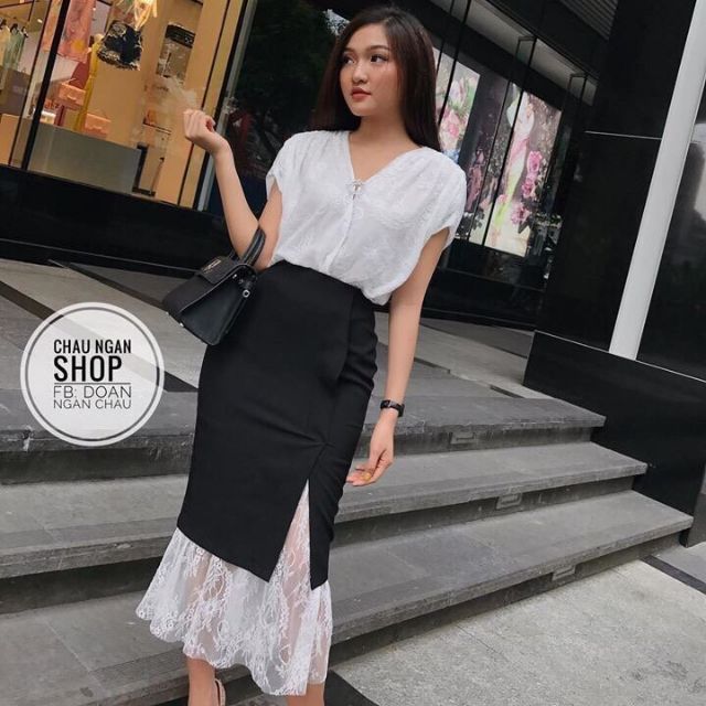 Set Áo Ren Kèm Chân Váy Kaki Xẻ Ren (Có Ảnh Thật)