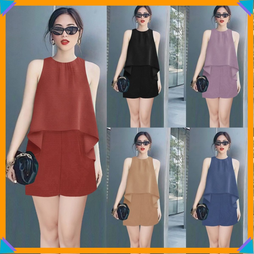 Set đồ nữ ngắn đẹp sang chảnh nguyên bộ quần short áo đuôi cá cổ tròn xếp ly xinh xắn TJ1154