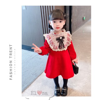Váy bé gái - Váy dài tay phối cổ ren chất tăm nhung siêu xinh cho bé 1-5 Tuổi