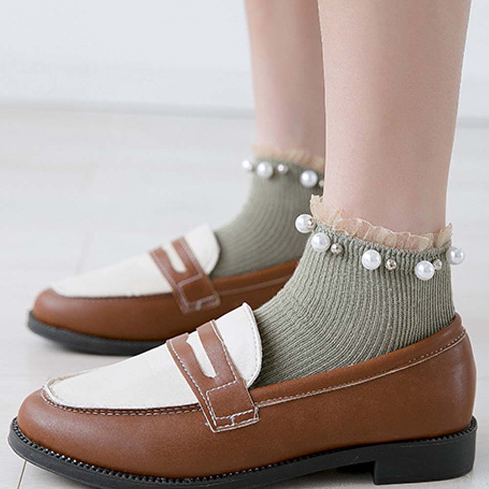 Vớ cổ cao màu trơn phối ren đính ngọc trai nhân tạo dành cho phái đẹp