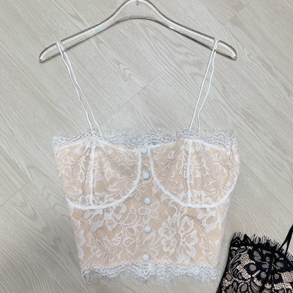 Áo kiểu 2 dây dáng tra viền ren sexy trước hàng nút bọc sau dây kéo xinh