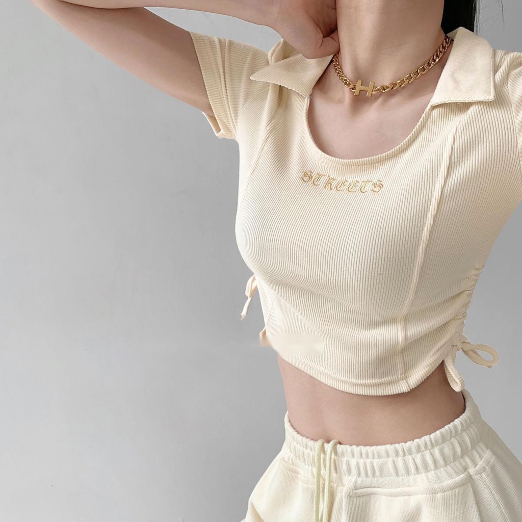Áo Thun Dệt Kim Tay Ngắn Dáng Ôm Phối Dây Rút Thời Trang Mùa Hè Cho Nữ