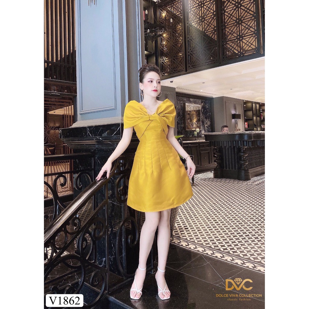 Váy vàng xòe trễ vai xoắn ngực V1862 - Đẹp Shop DVC (Kèm ảnh thật trải sàn do shop tự chụp)