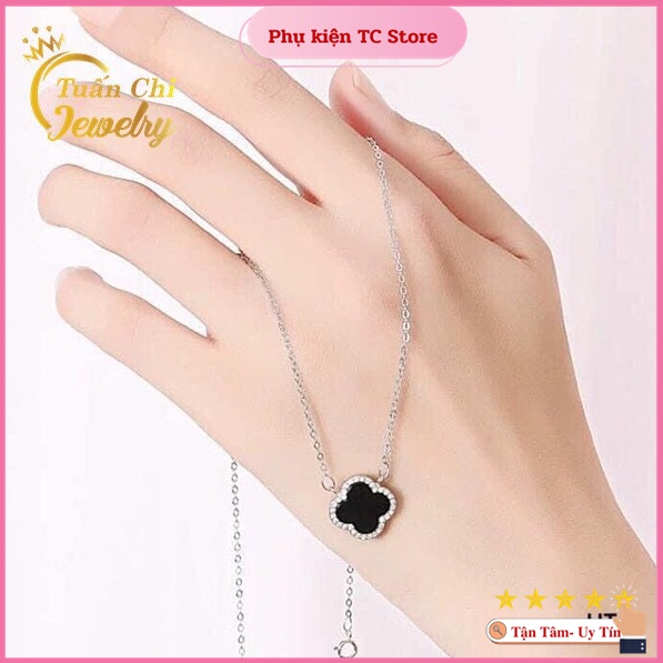 Dây Chuyền Bạc ⚡SALE SỐC⚡ Vòng Cổ Bạc Nữ Liền Mặt Cỏ Bốn Lá May Mắn, Viền Đá Nổi Bật