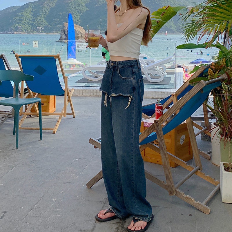 ♨Quần Jeans Dài Ống Rộng Lưng Cao Thiết Kế Không Đồng Đều Thiết Kế Mới Thời Trang Mùa Xuân Dành Cho Nữ