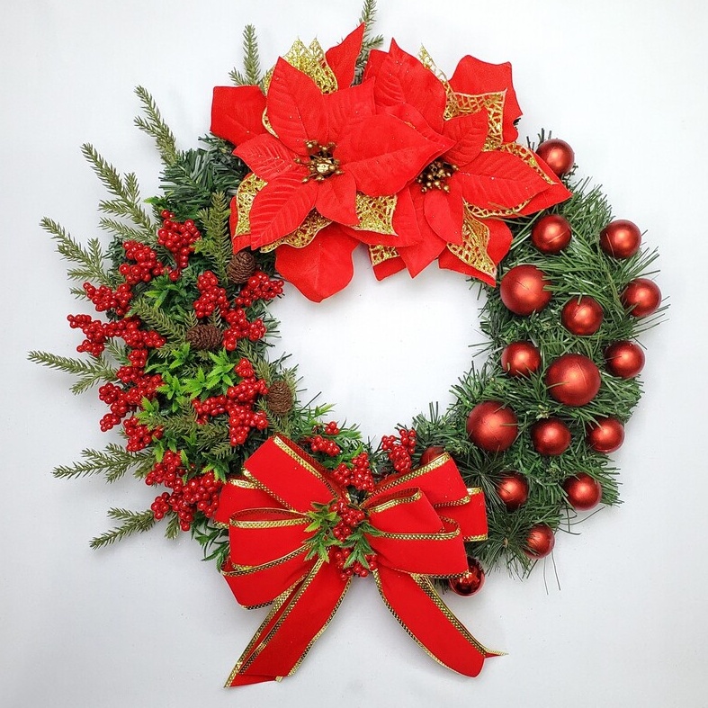 Vòng Hoa Trang Trí Noel D44 size 40cm Tặng Kèm Đèn, Vòng Nguyệt Quế Giáng Sinh