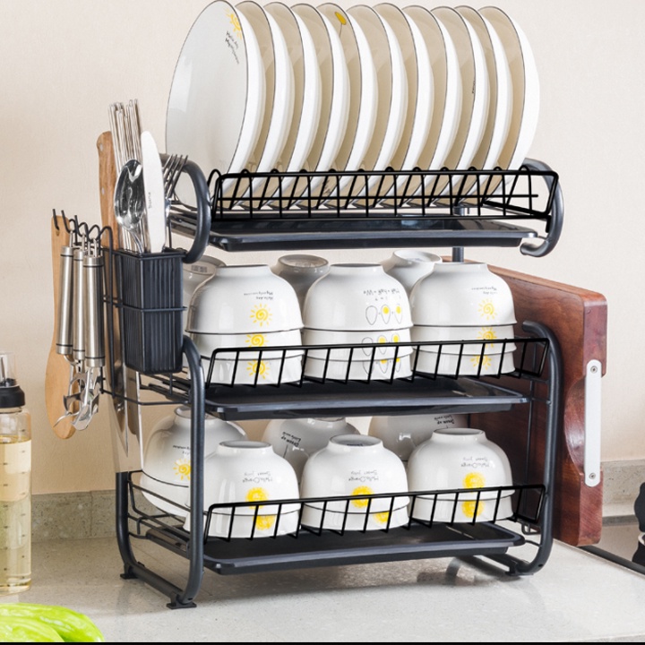 Giá úp bát đĩa cacbon đen 3 tầng - Kệ để bát đĩa có ống để dao đũa, thớt tiện lợi sơn đen tĩnh điện cao cấp