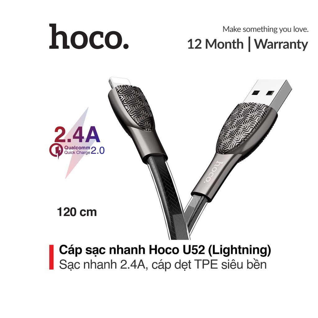 Cáp sạc nhanh 2.4A Hoco U52 Lightning dây dẹt TPE siêu bền hỗ trợ truyền dữ liệu nhanh chóng dài 1.2M cho iPhone/iPad