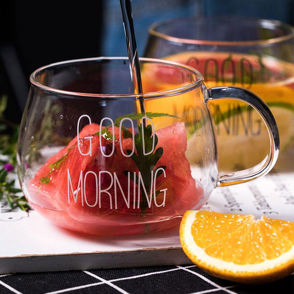 ♫DAPHNE♫ Drinkware Clear Mug Cup Empty Good Morning Milk Coffee Glass Breakfast Transparent Round Letter Printing Tea Juice with Handle