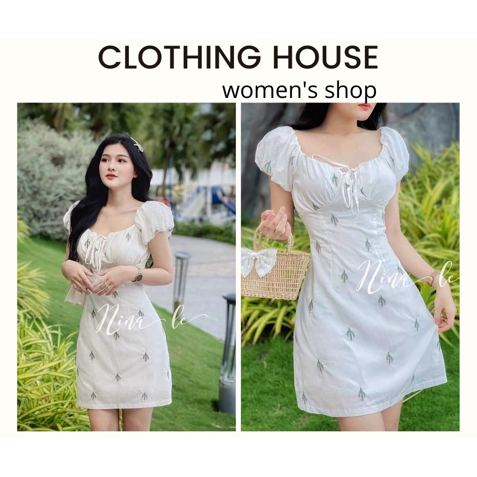 Đầm chữ a họa tiết cây xương rồng có thắt nơ ngực tay bồng cho cực thơ cho chị em