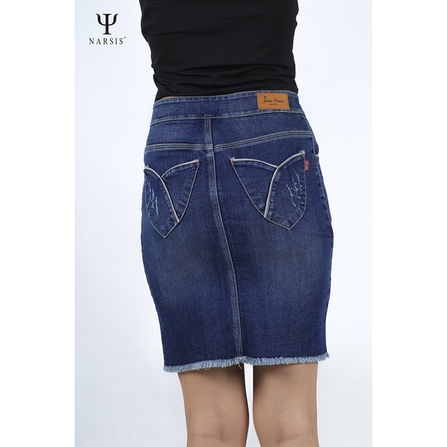 Chân váy bò nữ Narsis B7011 xước xanh đậm cúc đôi