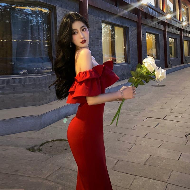 Đầm Dài Trễ Vai Phối Bèo Màu Đỏ Phong Cách Pháp Cổ Điển Thời Trang Mùa Hè Cho Nữ
