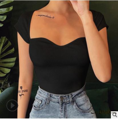 ❥Only➢Women´s Sexy Knit Top, Short Sleeve V Neck Slim Fit Rib Knit Plain Tee Shirt for Daily Wear | BigBuy360 - bigbuy360.vn