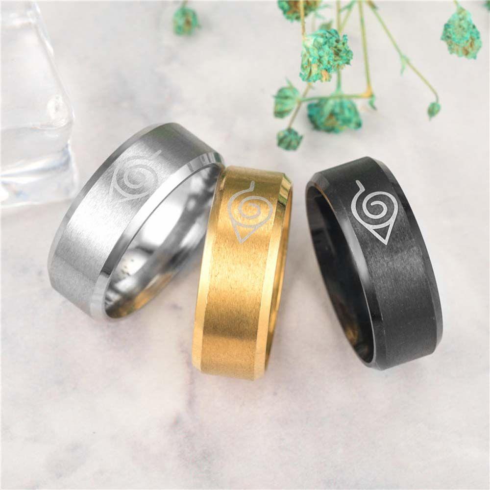 Nhẫn Thép Titan Màu Đen In Hình Hoạt Hình Naruto Konoha Uzumaki Symbal Thời Trang Cho Nam Và Nữ