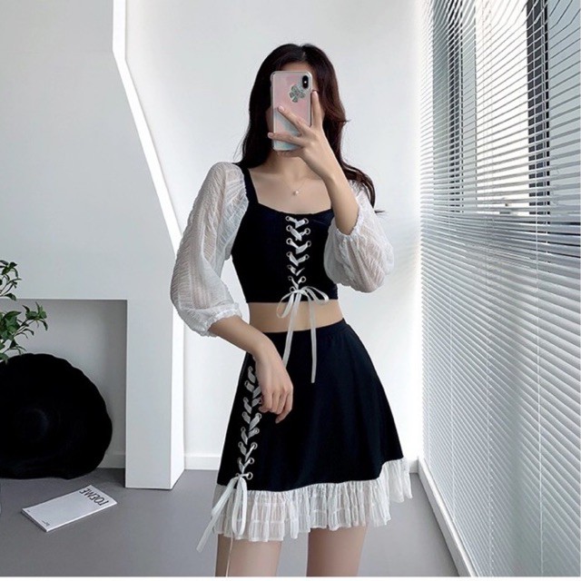 [Có sẵn] Đồ Bơi Bikini Set Váy Bơi Đầm Bơi Đen Trắng Phối Dây Co Giãn Mềm Mịn ~ ORRIN CLOSET