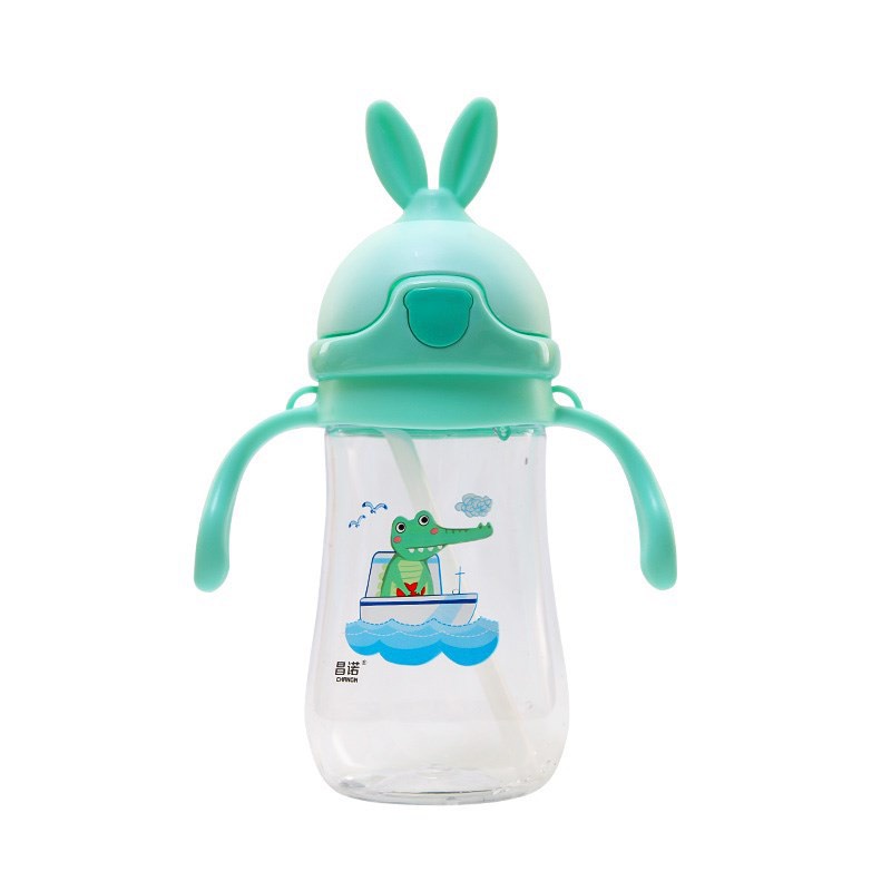 Bình tập uống nước cho bé có dây đeo, ống hút 280ml hình thỏ bằng