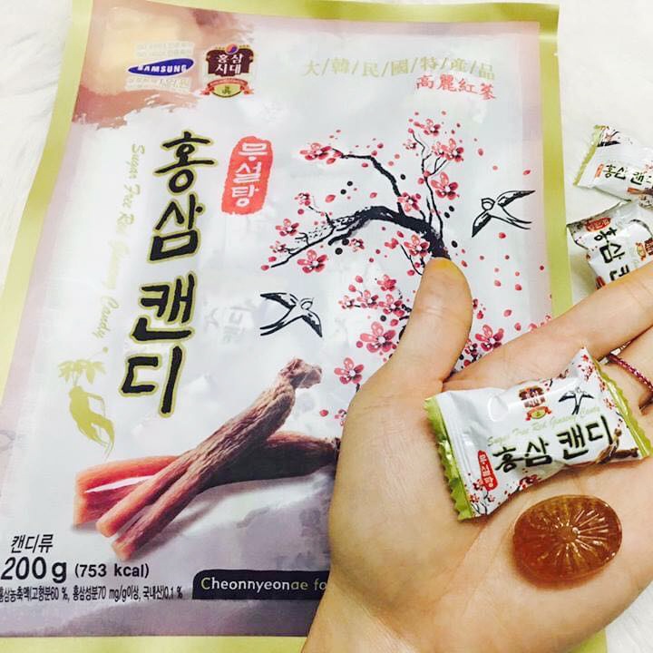 Kẹo Sâm Không Đường Hàn Quốc gói Sugar Free Red Ginseng Candy Kẹo Hồng Sâm 6 Năm Tuổi 500g và 200g