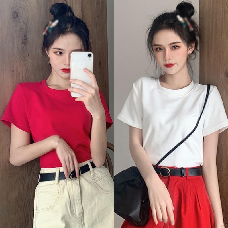 Áo Thun Tay Ngắn Màu Trơn Phong Cách Hàn Quốc Dễ Thương