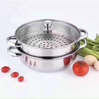 Nồi hấp inox 2 tầng size 28cm vung kính cao cấp dùng được cho bếp từ