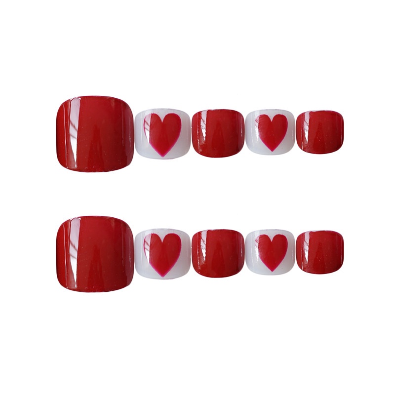 Set 24 móng chân giả sơn trơn đỏ họa tiết trái tim đẹp Jojo J51  móng giả thời trang kèm keo tự làm tại nhà