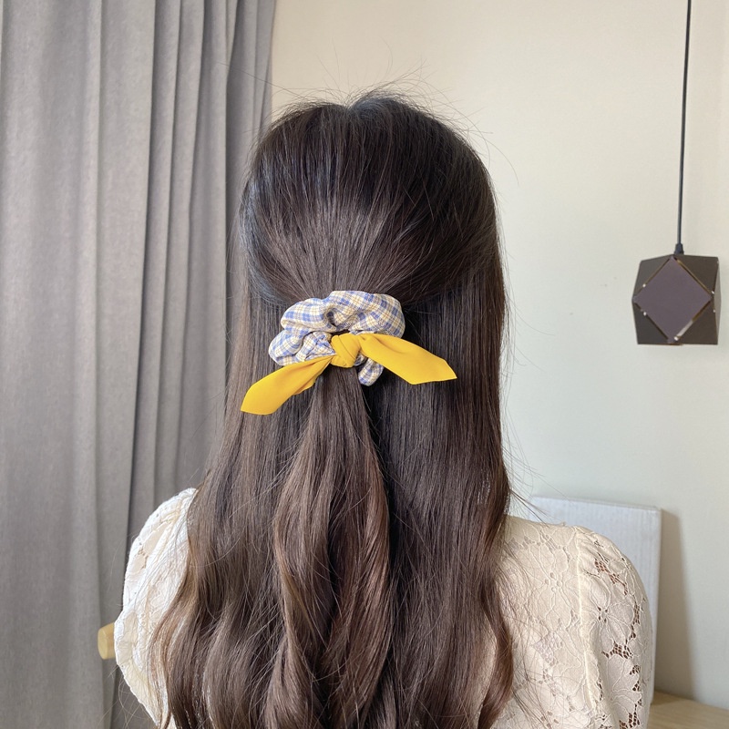 Scrunchies cột tóc caro sọc vải thắt nơ nhỏ màu trơn xinh xắn S24