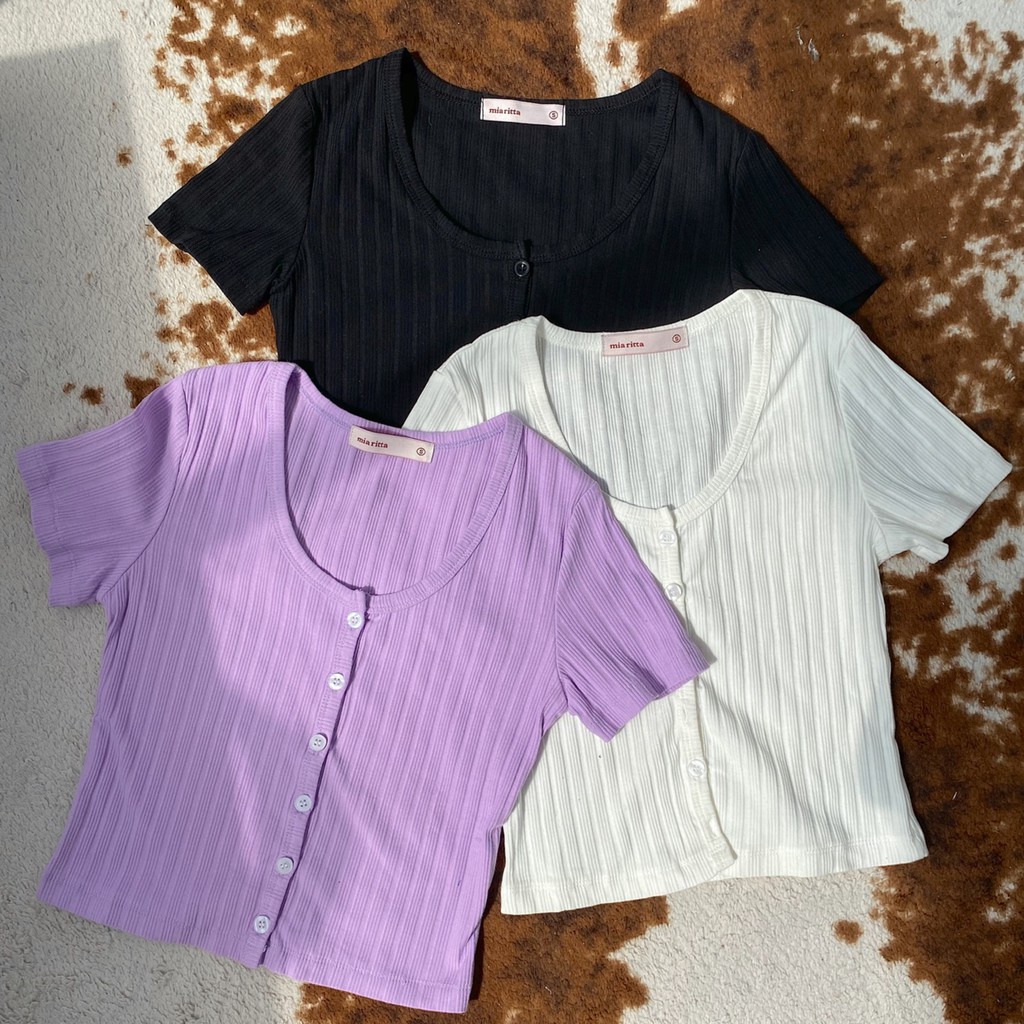 Áo croptop cổ tròn thun tăm cài khuy trước Mia Ritta A2085