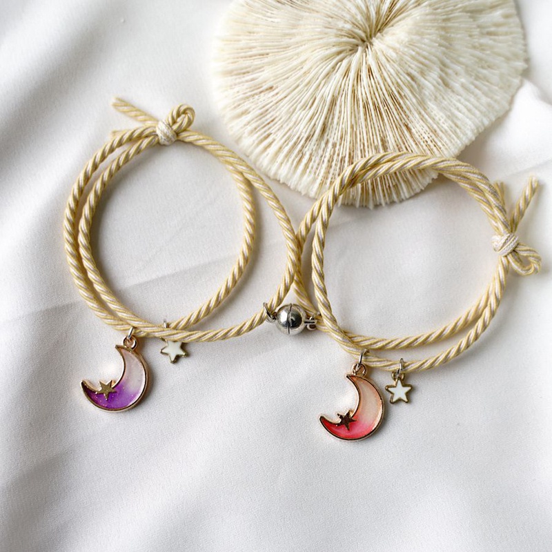 Vòng tay cặp đôi thời trang hình mặt trăng sao dây thừng từ tính hút thủ công thiết kế phong cách hoạt hình món quà sinh nhật dễ thương cho nam và nữ
